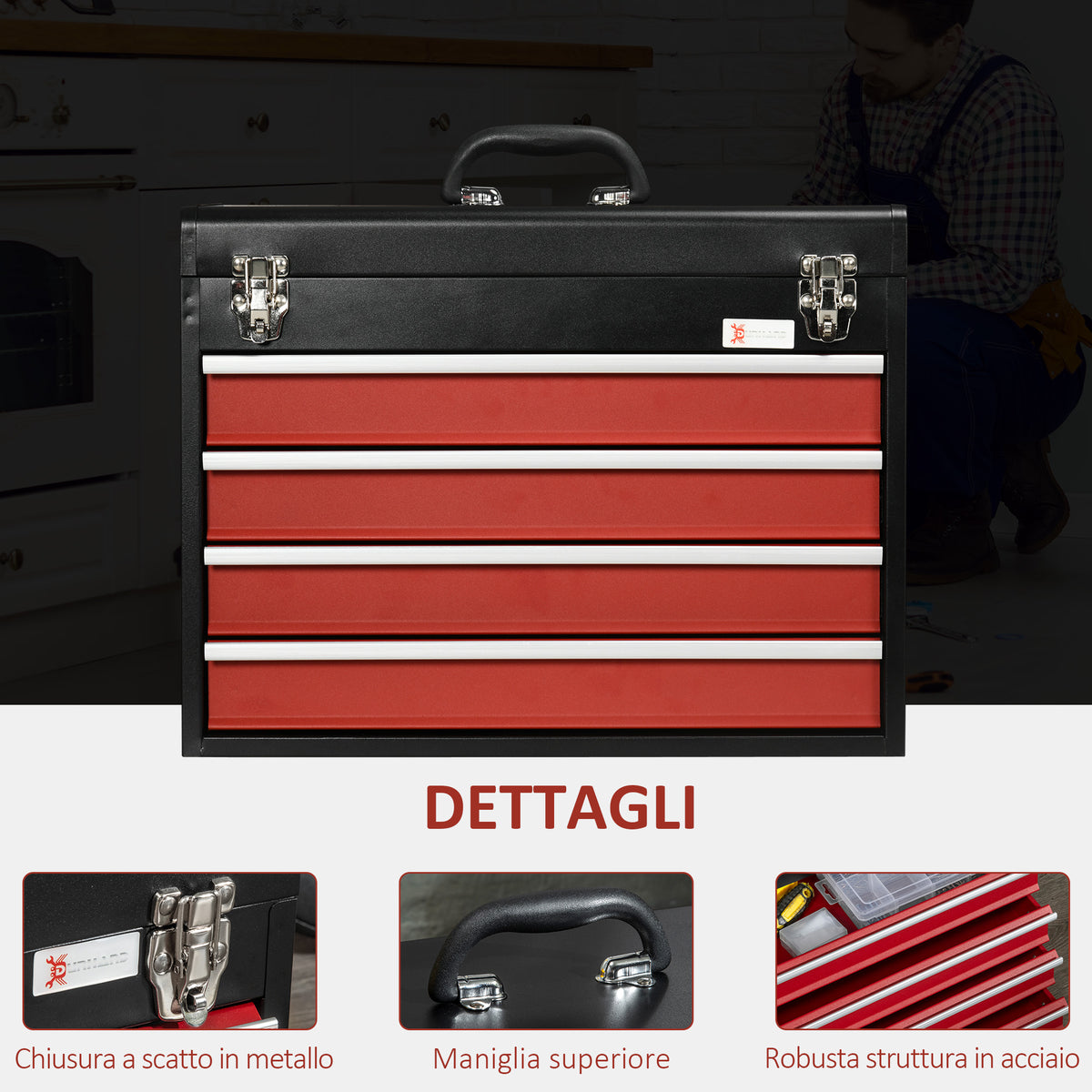 Cassetta Porta Attrezzi in Acciaio con 4 Cassetti e Vassoio Superiore, 51x22x39.5 cm, Rosso e Nero
