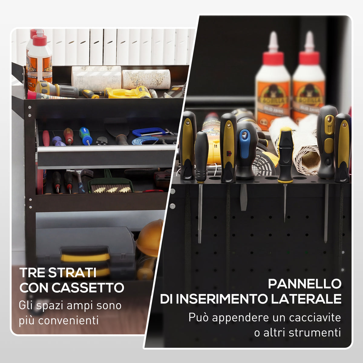 Carrello 3 Livelli in Acciaio con Cassetto, Porta Utensili Laterale e Maniglia, Nero