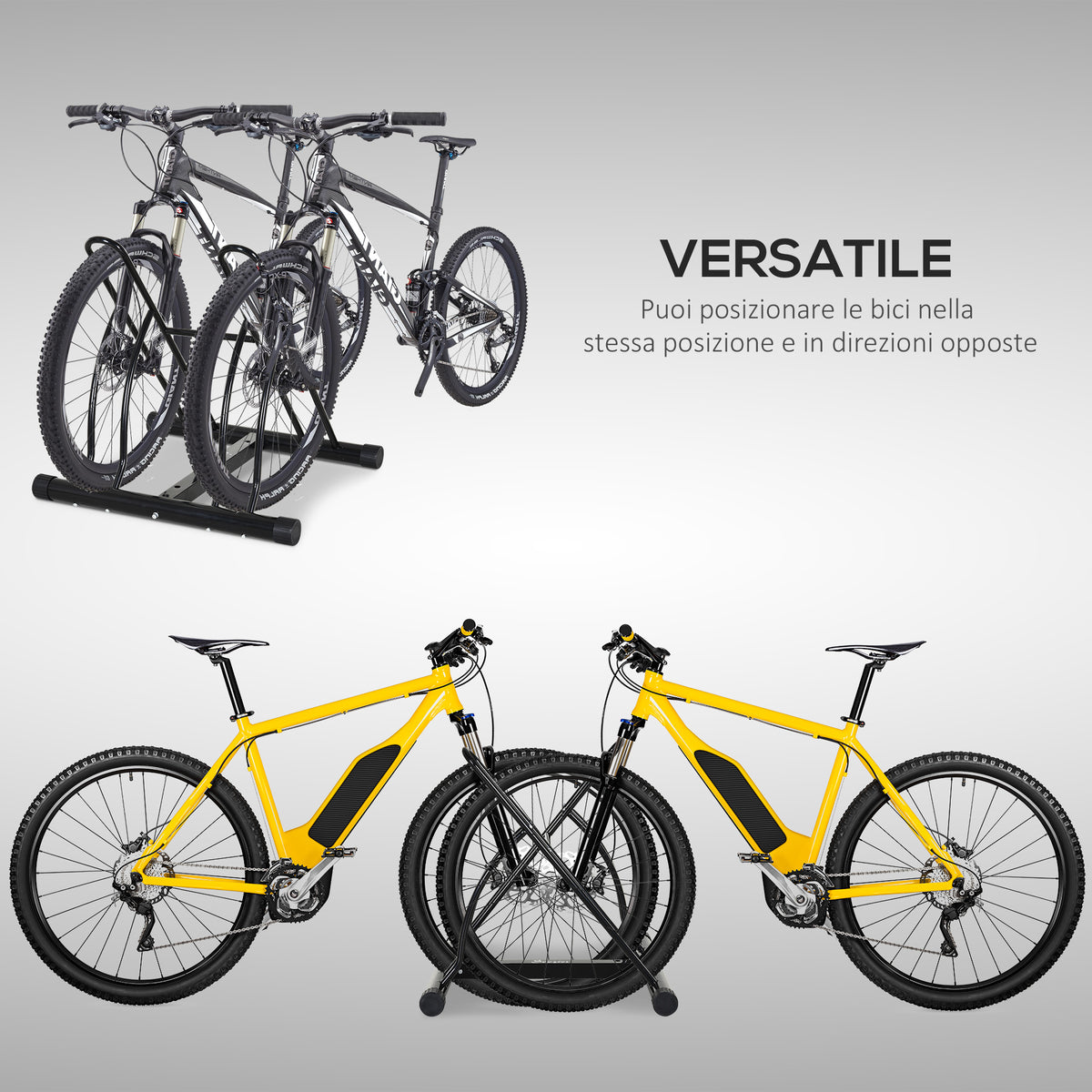 Rastrelliera da Terra per 2 Biciclette con Pneumatici fino 6.5 cm, Telaio Orientabile in Acciaio Nero, 60x54x57cm