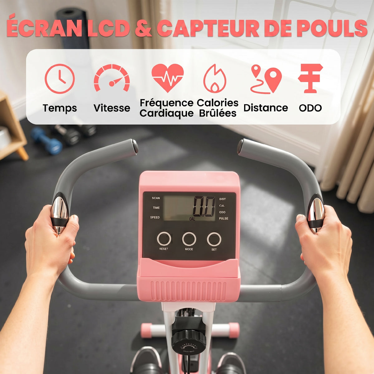 Cyclette Pieghevole 2 in 1, Resistenza Magnetica Regolabile 8 Livelli, Cyclette da Casa Silenziosa con Sensore Cardiaco, Sedile Regolabile, Bande Elastici, Schermo LCD, Ruote, Rosa