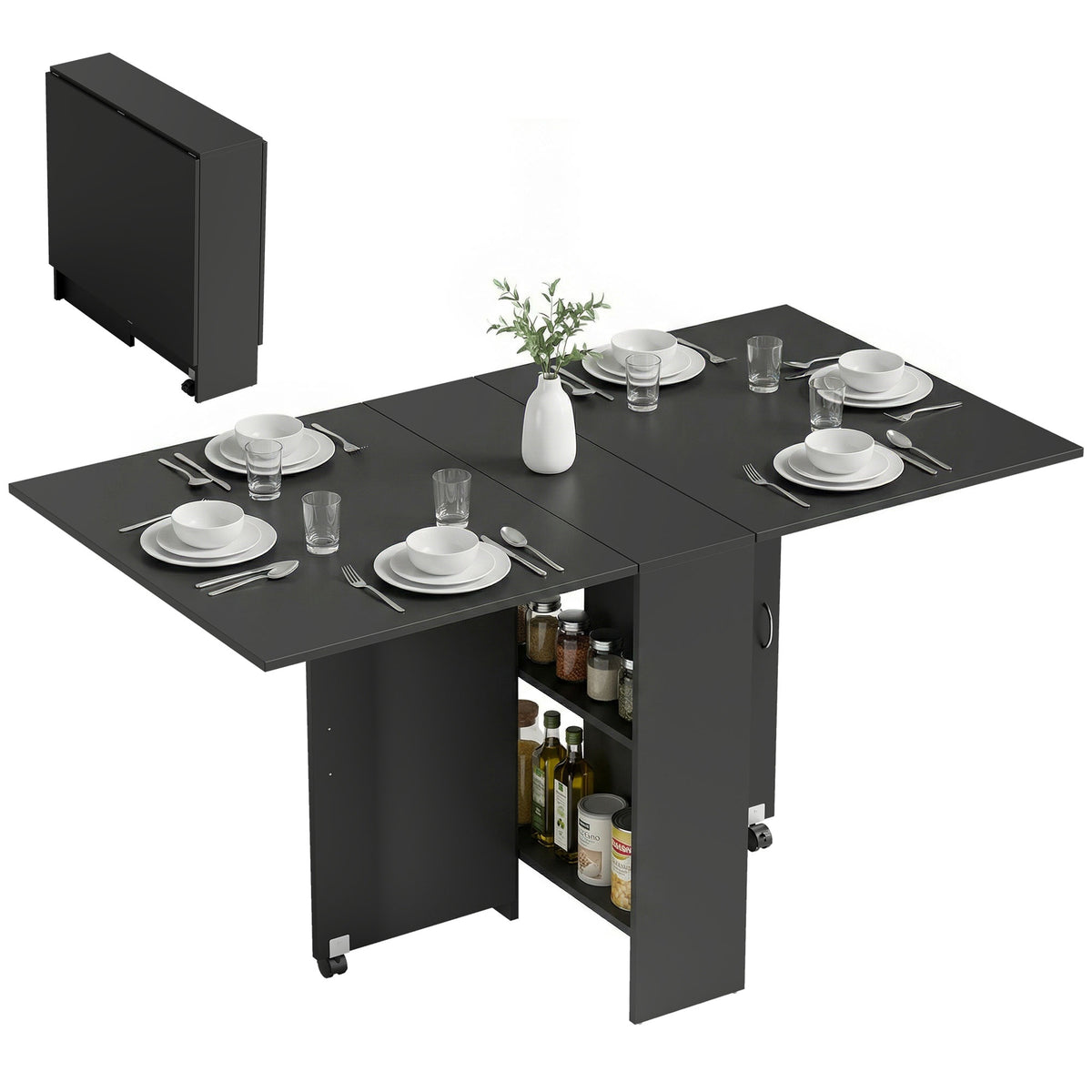Tavolo Pieghevole in Legno per 4-6 Persone con Ruote, 75x140x74cm, Nero