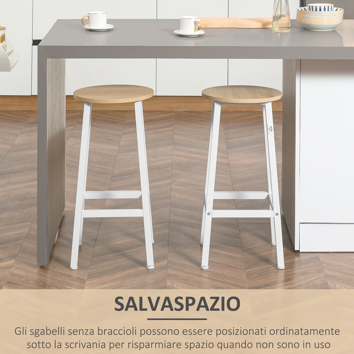 Set 2 Sgabelli da Cucina in Truciolato e Acciaio con Piano Liscio e Poggiapiedi, 32.5x32.5x65 cm, Bianco e Legno