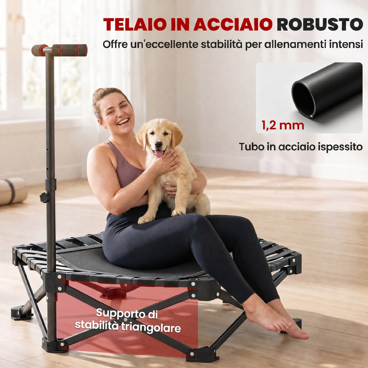 Trampolino Elastico per Adulti 104cm Richiudibile, con Sistema di Apertura Chiusura in un solo Gesto, Maniglia Regolabile e 24 Molle Bungee, Nero