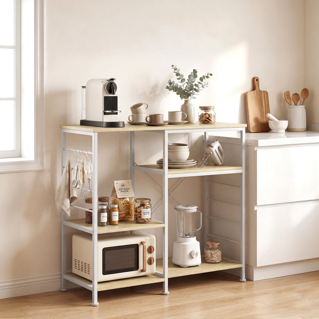 Scaffale Cucina con Ripiani in Legno e Metallo con 5 Ganci, Salvaspazio, 90x39x83.5 cm, Rovere