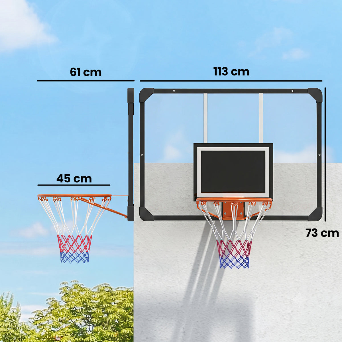 Canestro Basket Esterno a Parete 113x73 cm, Cerchio 45 cm e Rete, Nero