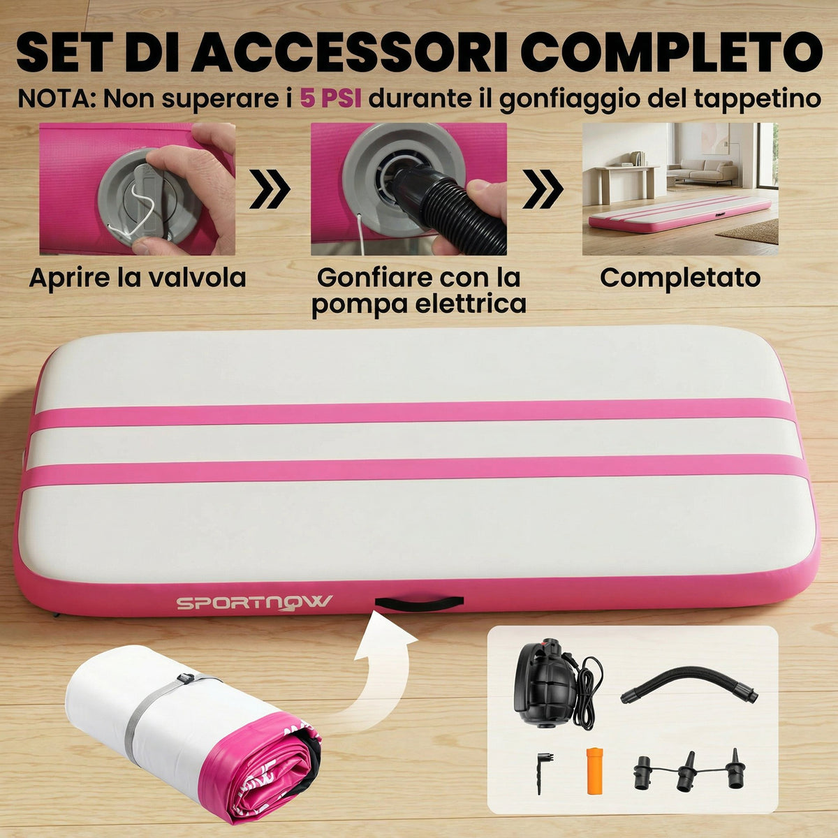 Tappetino Gonfiabile Ginnastica 2.05 m con Pompa Elettrica e Borsa Trasporto