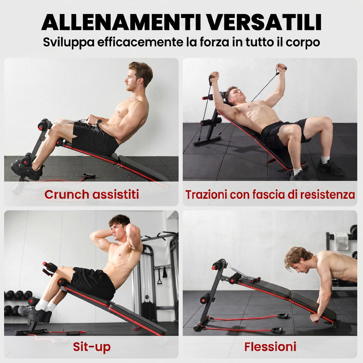 Panca per Addominali Pieghevole e Regolabile con Vogatore e 2 Corde, in Acciaio 51x137x50-66 cm, Nera e Rossa
