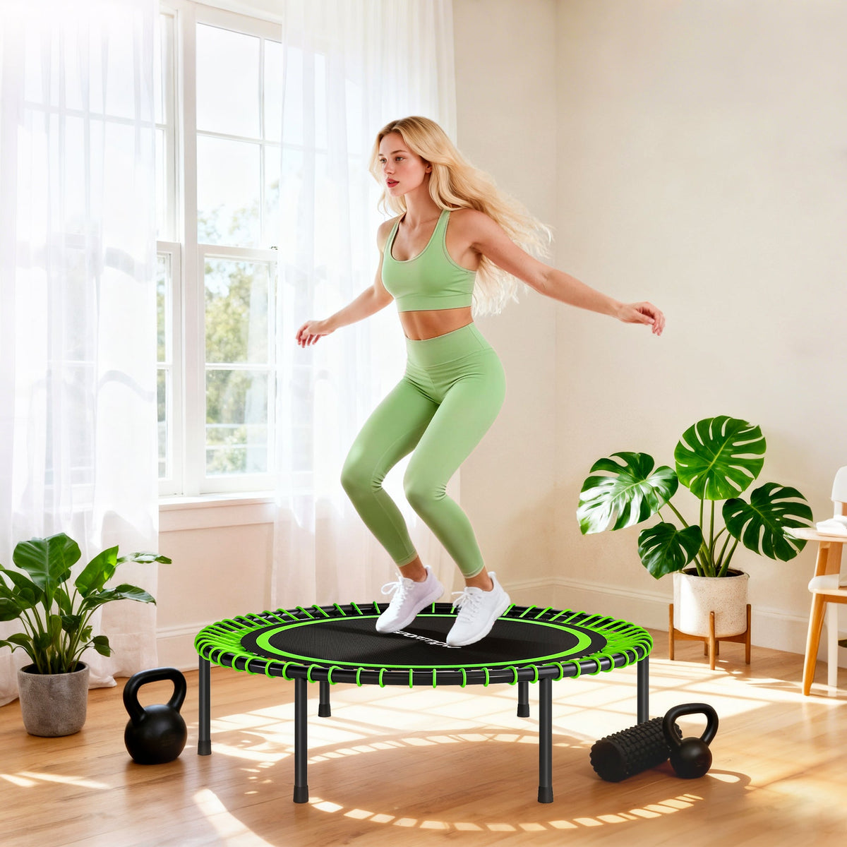 Trampolino Elastico Fitness a 36 Corde in Acciaio e PP, 114x31 cm, Verde