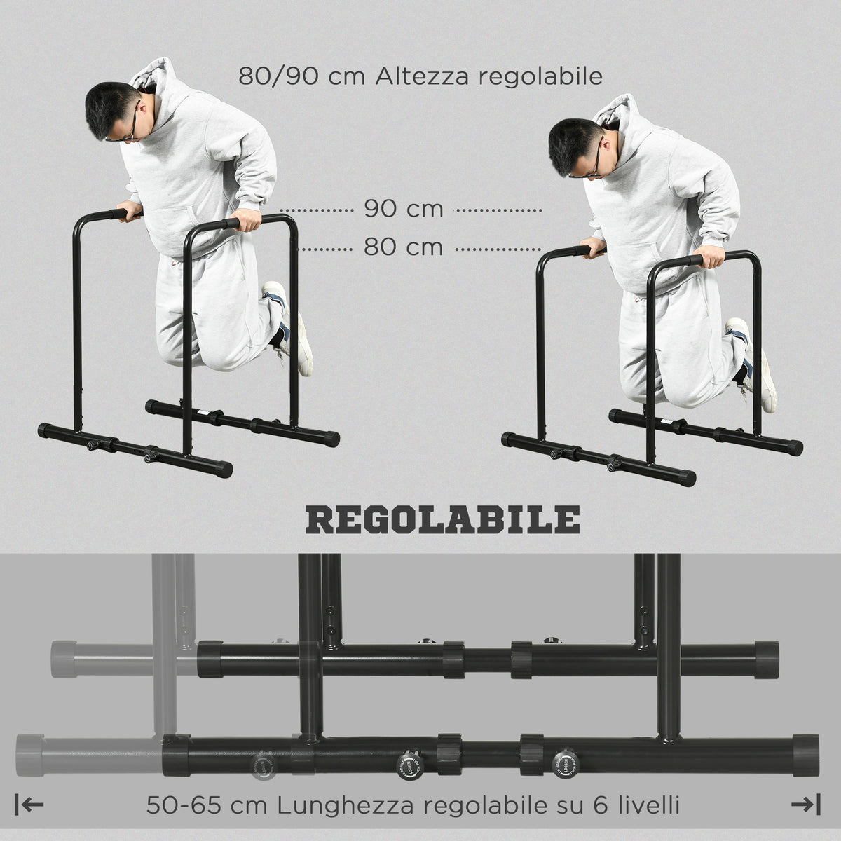 Barra per Dip in Acciaio ad Altezza Regolabile con 6 Lunghezze Regolabili, 90-102x65x80-90 cm, Nera