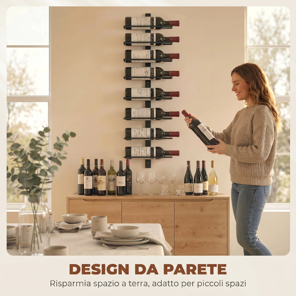 Portabottiglie da Parete in Acciaio per 8 Bottiglie di Vino, Cucina e Sala, 27x10x93.5 cm, Nero