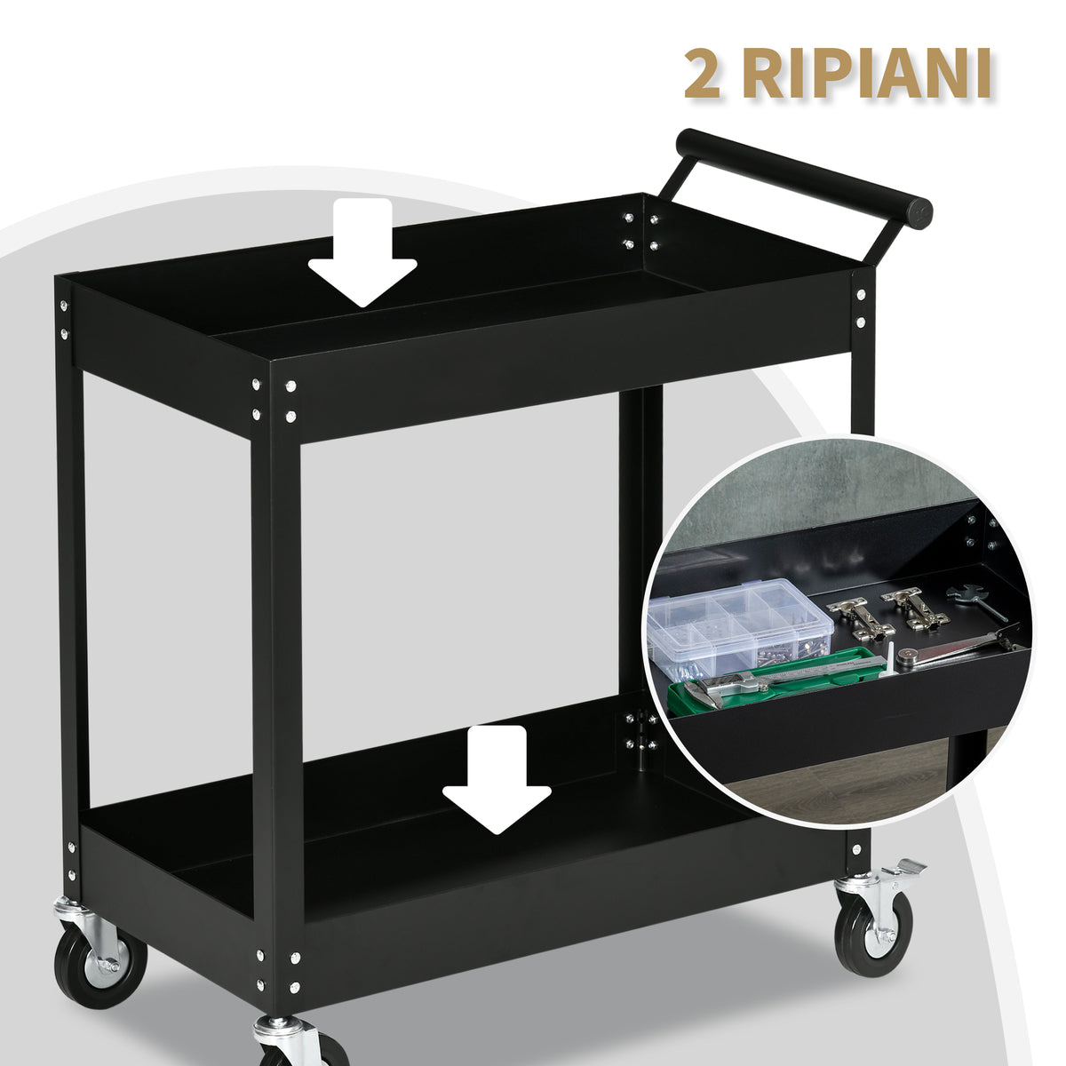 Carrello Porta Attrezzi a 2 Ripiani in Acciaio, 84.5x38x84cm, Nero