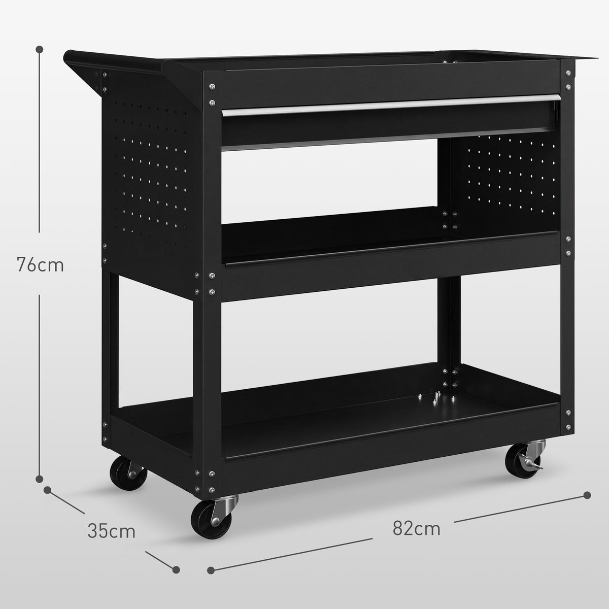 Carrello 3 Livelli in Acciaio con Cassetto, Porta Utensili Laterale e Maniglia, Nero