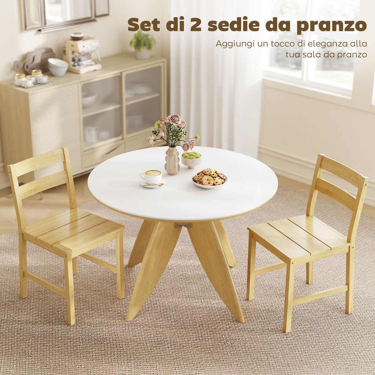 Set di 2 Sedie da Pranzo in Bambù con Schienale Curvo e Seduta a Doghe, Colore Legno Naturale