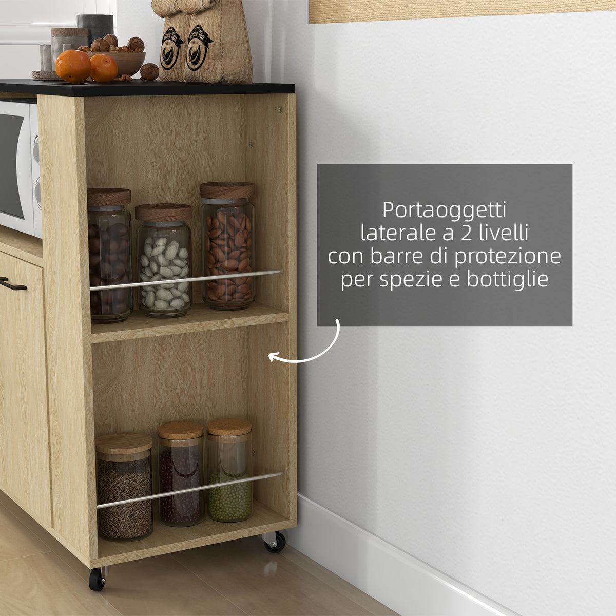 Carrello da Cucina in Truciolato con Ripiano Aperto, Armadietto a 2 Ante e Scaffale Laterale, 75x40x80.5 cm