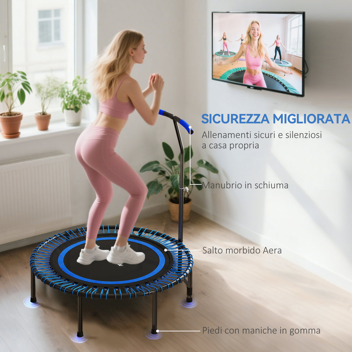 Trampolino Fitness 145 cm con Manubrio Regolabile su 5 Posizioni, 36 Molle Bungee e Capacità 200 kg, Blu