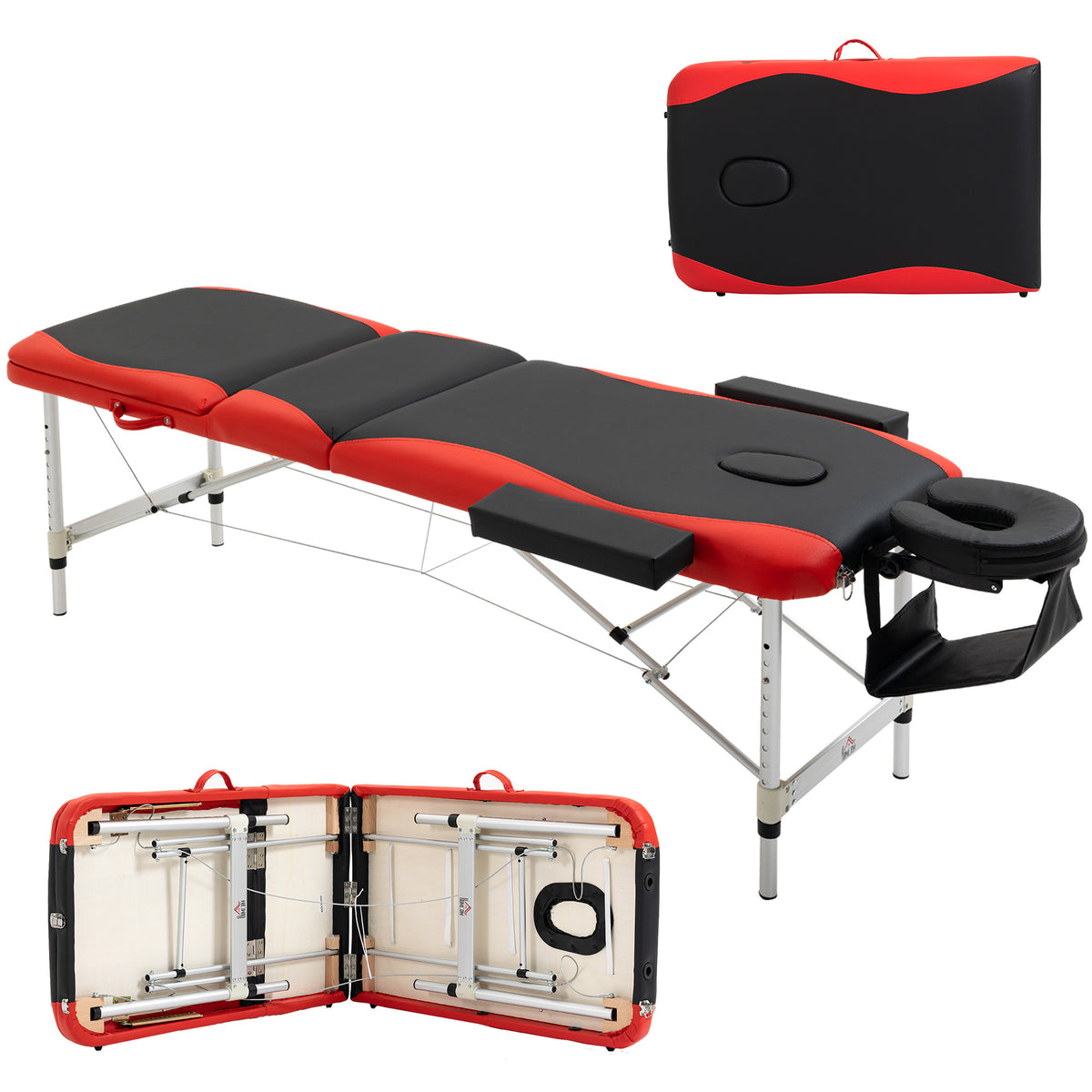 Lettino da Massaggio Pieghevole ad Altezza Regolabile, Lettino Professionale per Massaggi in Alluminio e Plastica, 215x81x61-84 cm, Nero e Rosso
