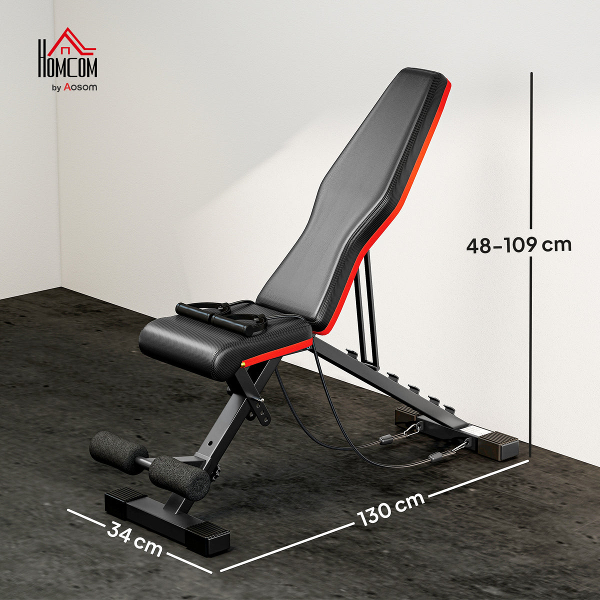 Panca Multifunzione per Addominali e Pesi, Inclinazione Regolabile ed Elastici, 130x48x48-109cm, Nero