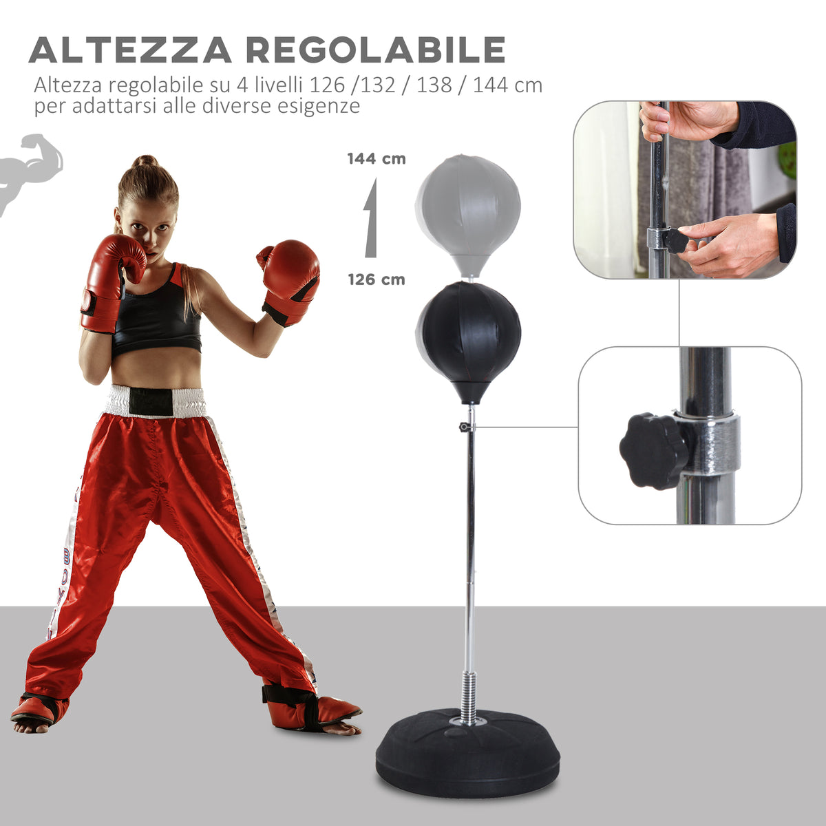 Punching Ball da Terra con Guantoni, Altezza Regolabile 126-144 cm e Base Riempibile, Nero