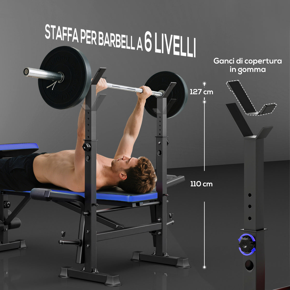 Panca Multiuso con Supporto Bilanciere e Schienale Regolabile, in Acciaio e Plastica, 175x139x127 cm, Nero e Blu