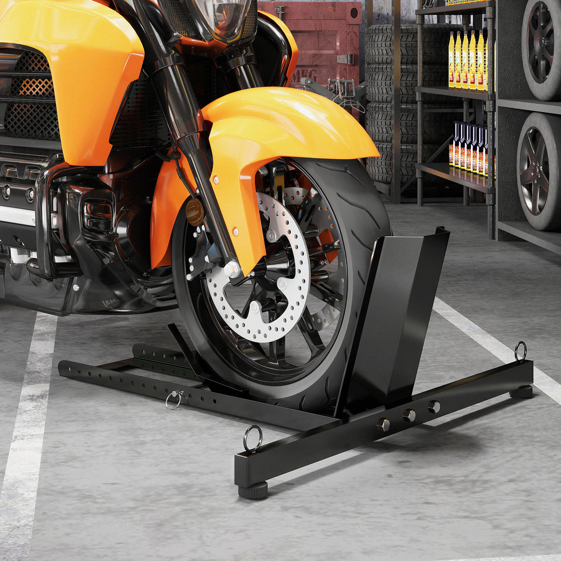 Cavalletto Bloccaruote per Moto, Staffa Regolabile su 14 Livelli per Ruote 34-84 cm, Nero