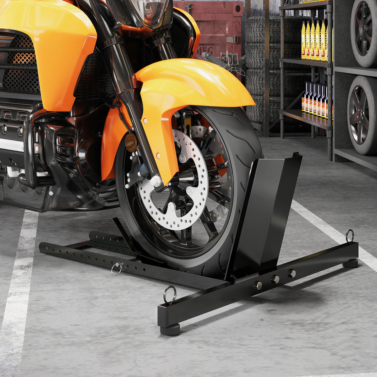 Cavalletto Bloccaruote per Moto, Staffa Regolabile su 14 Livelli per Ruote 34-84 cm, Nero