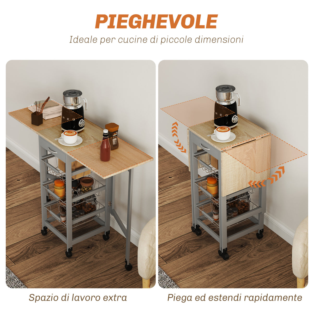 Carrello da Cucina con 3 Cestini, Cassetto e 2 Ribalte, in Legno e Metallo, 37x37x77.5 cm, Grigio e Rovere
