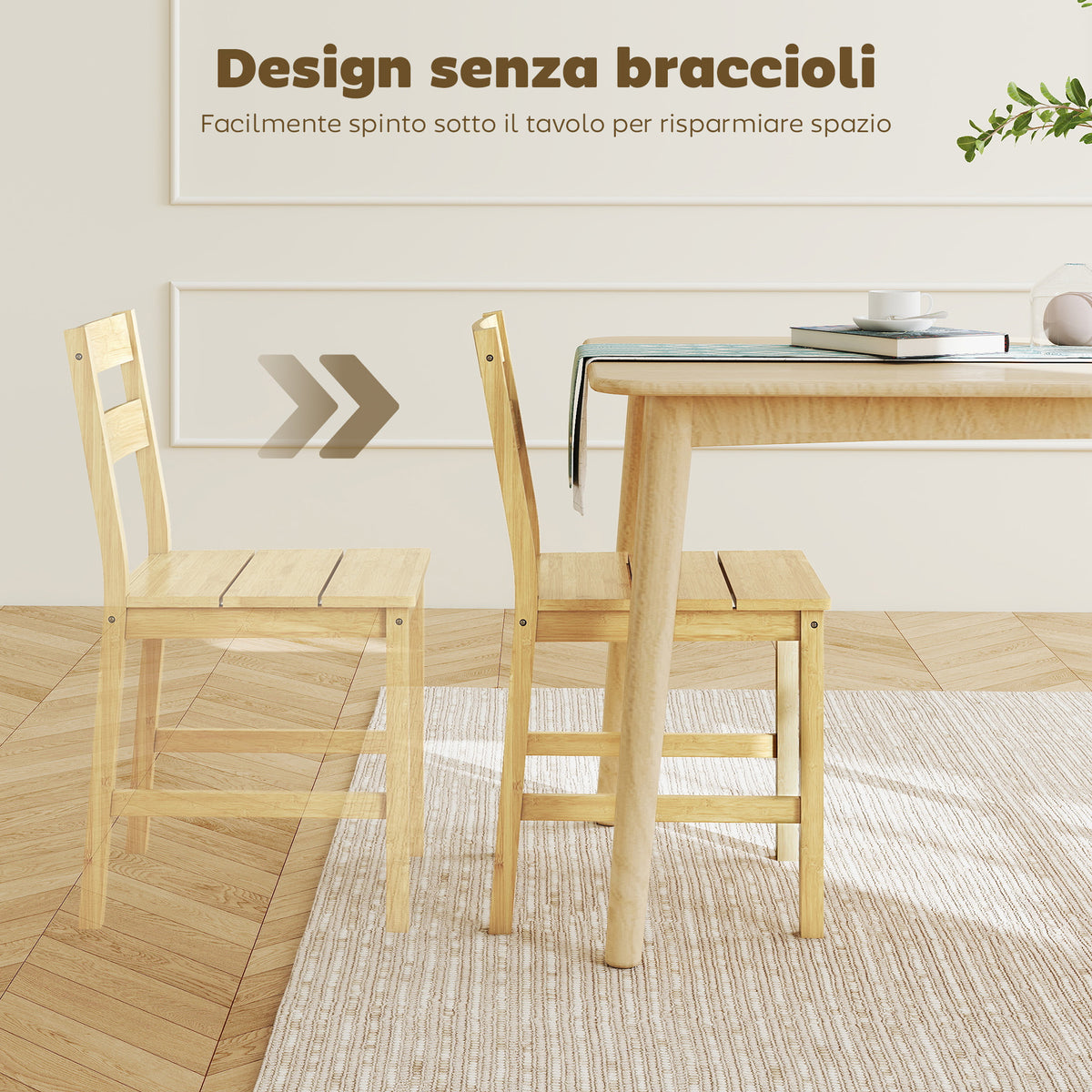 Set di 2 Sedie da Pranzo in Bambù con Schienale Curvo e Seduta a Doghe, Colore Legno Naturale