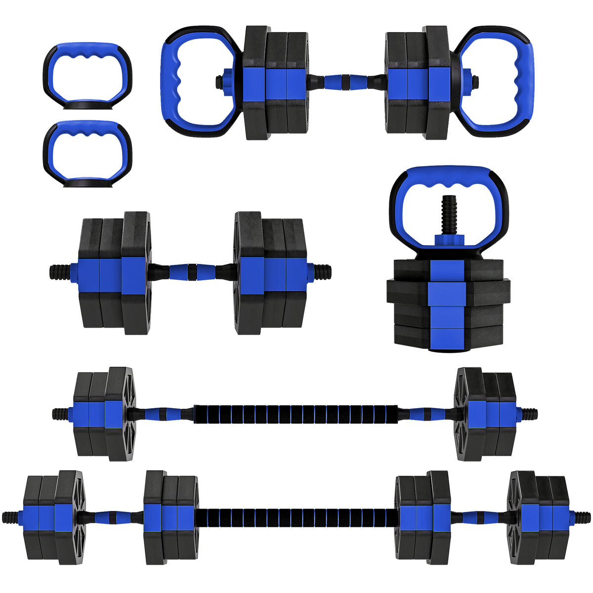 Set Pesi Palestra 6 in 1 Multifunzione da 20kg Totali in Plastica e Sabbia, 125x18x18 cm, Blu