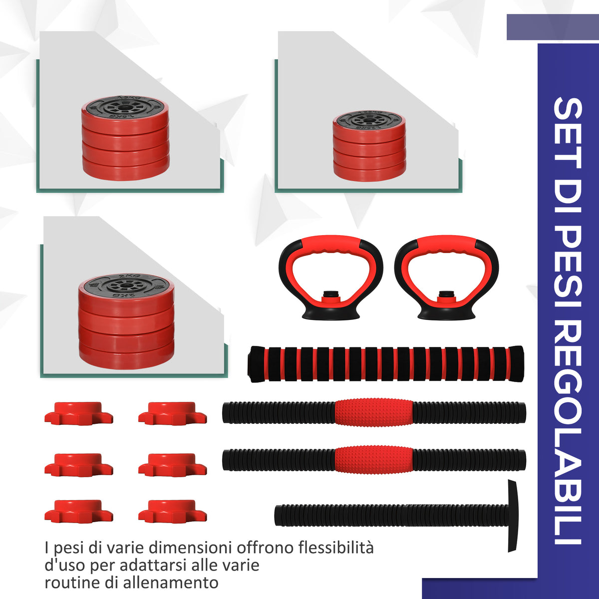 Set Pesi da Palestra 4 in 1 da 20kg, Convertibile in Kettlebell, 2 Manubri, Bilanciere e Supporto Flessioni, Rosso