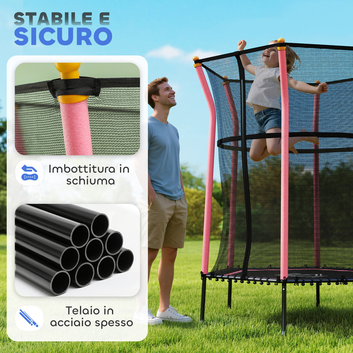 Tappeto Elastico per Bambini con Ingresso a Cerniera e Pali Imbottiti, in Acciaio, PP e EPE, 122x111x190 cm, Rosa