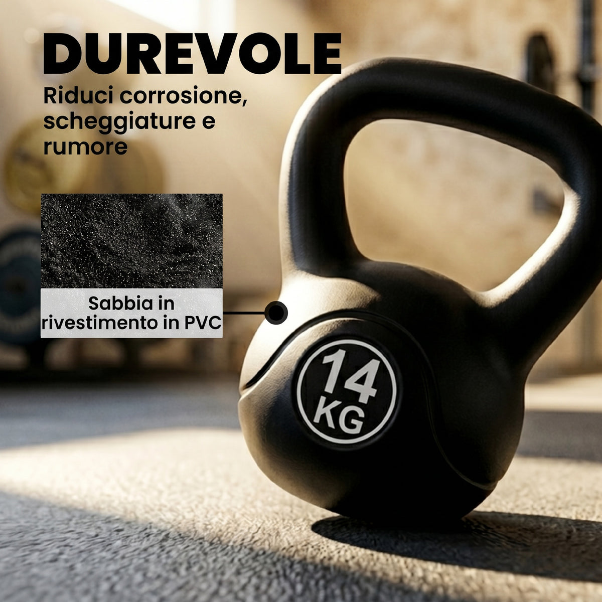 Kettlebell 14kg in Plastica e Sabbia con Base Piatta e Impugnatura, Nero