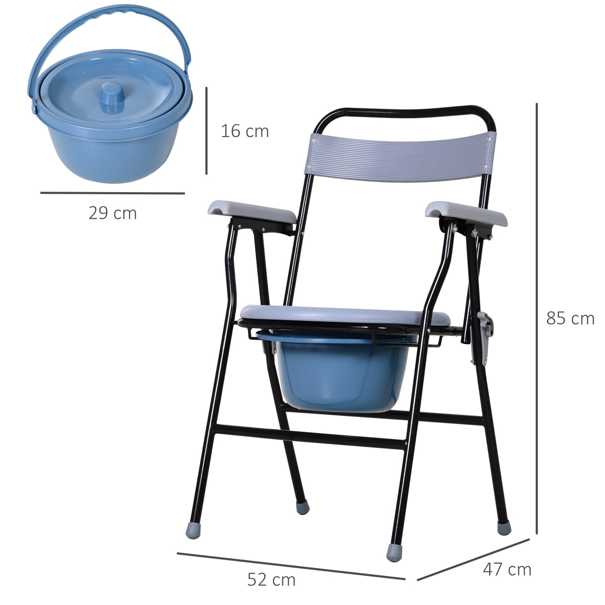 Sedia WC Pieghevole con Vaso Rimovibile per Anziani e Disabili in Tubi di Ferro e Plastica 52 x 50 x 75cm