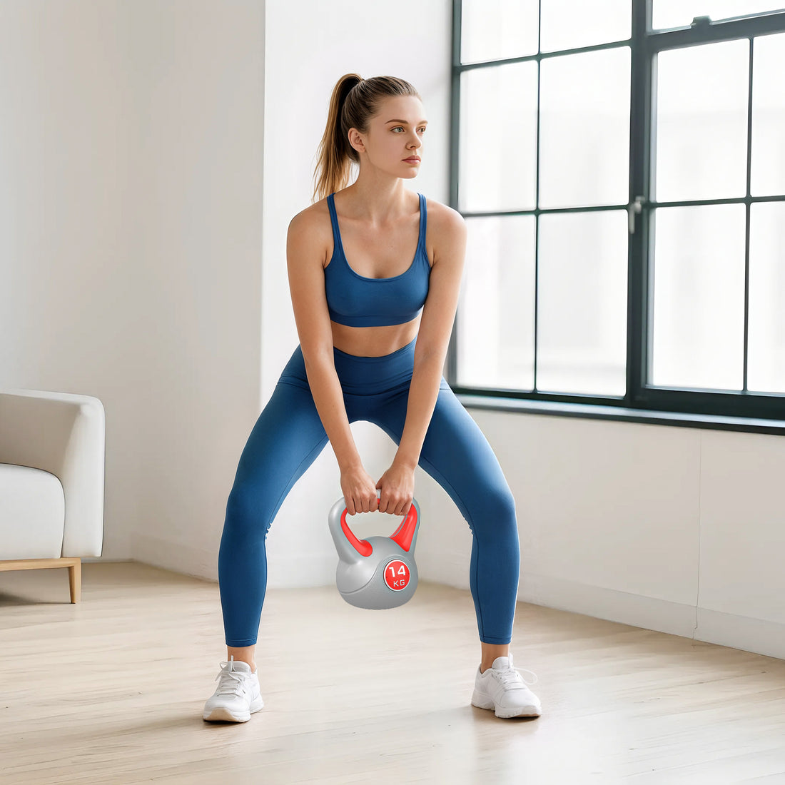 Kettlebell 14kg in PU e Sabbia con Base Piatta e Impugnatura per Stacchi, Squat e Sollevamenti, 26x18x32 cm, Rosso