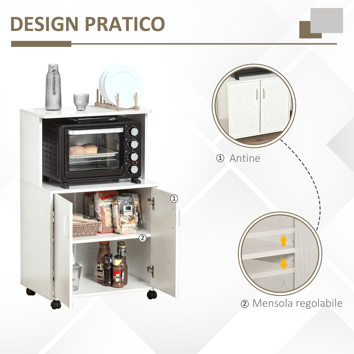 Mobile Cucina Multiuso con Ruote, Armadietto e Ripiano per Microonde, Credenza Alta in Legno Truciolare, 60.4x40.3x97cm Bianco