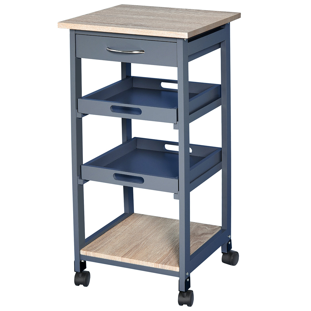 Carrello da Cucina con Cassetto, 2 Vassoi Estraibili e Ripiano Fisso, in Legno di Pino e MDF, 37x37x76 cm