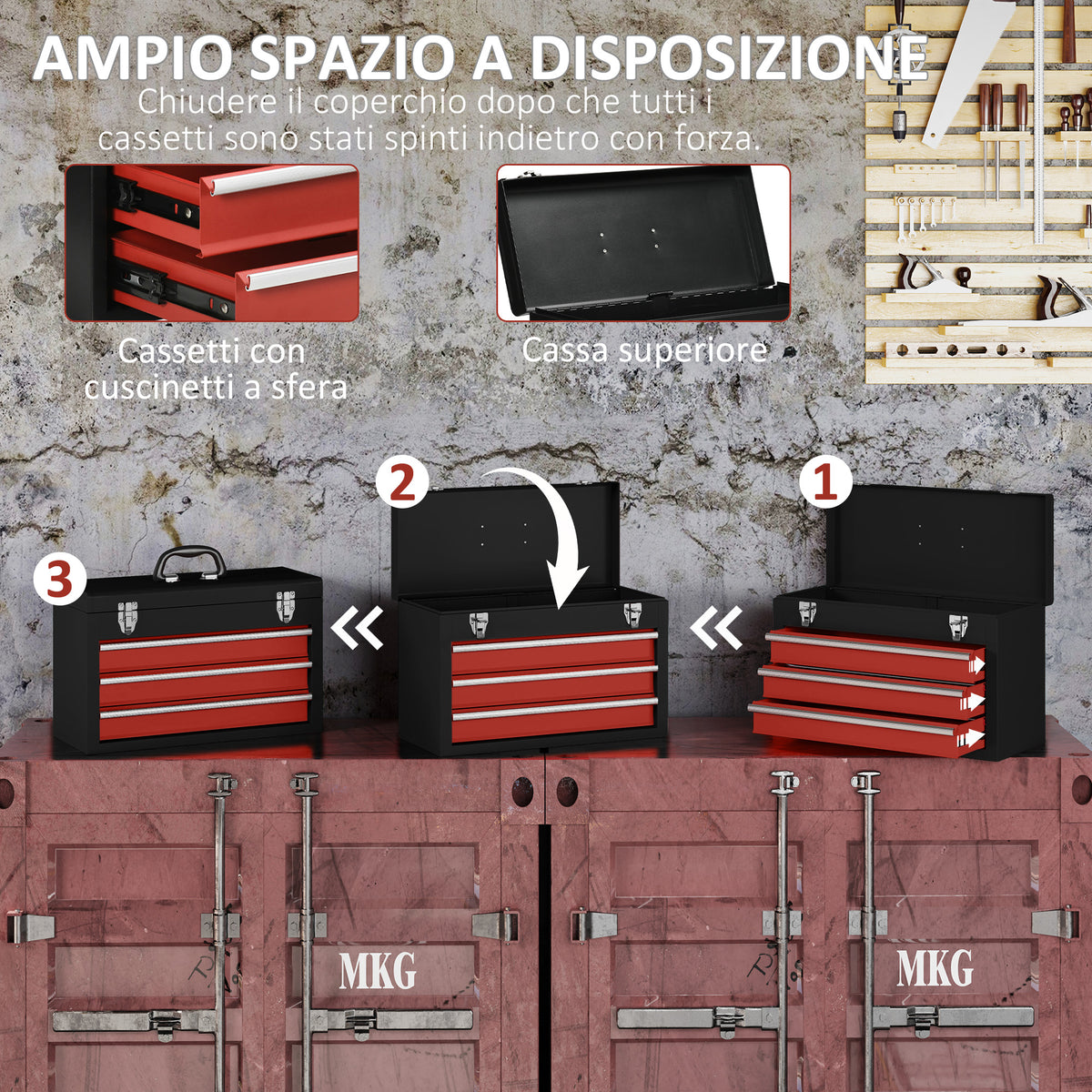 Cassetta Porta Attrezzi in Acciaio con 3 Cassetti e Vassoio Superiore, 51x22x32 cm, Rosso e Nero