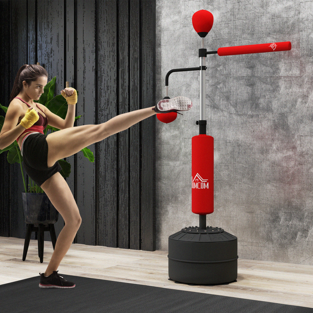 Sacco Boxe da Terra 4 in 1 con 2 Speedball, Barra Girevole e Sacco, Altezza Regolabile da 160-230cm, Rosso