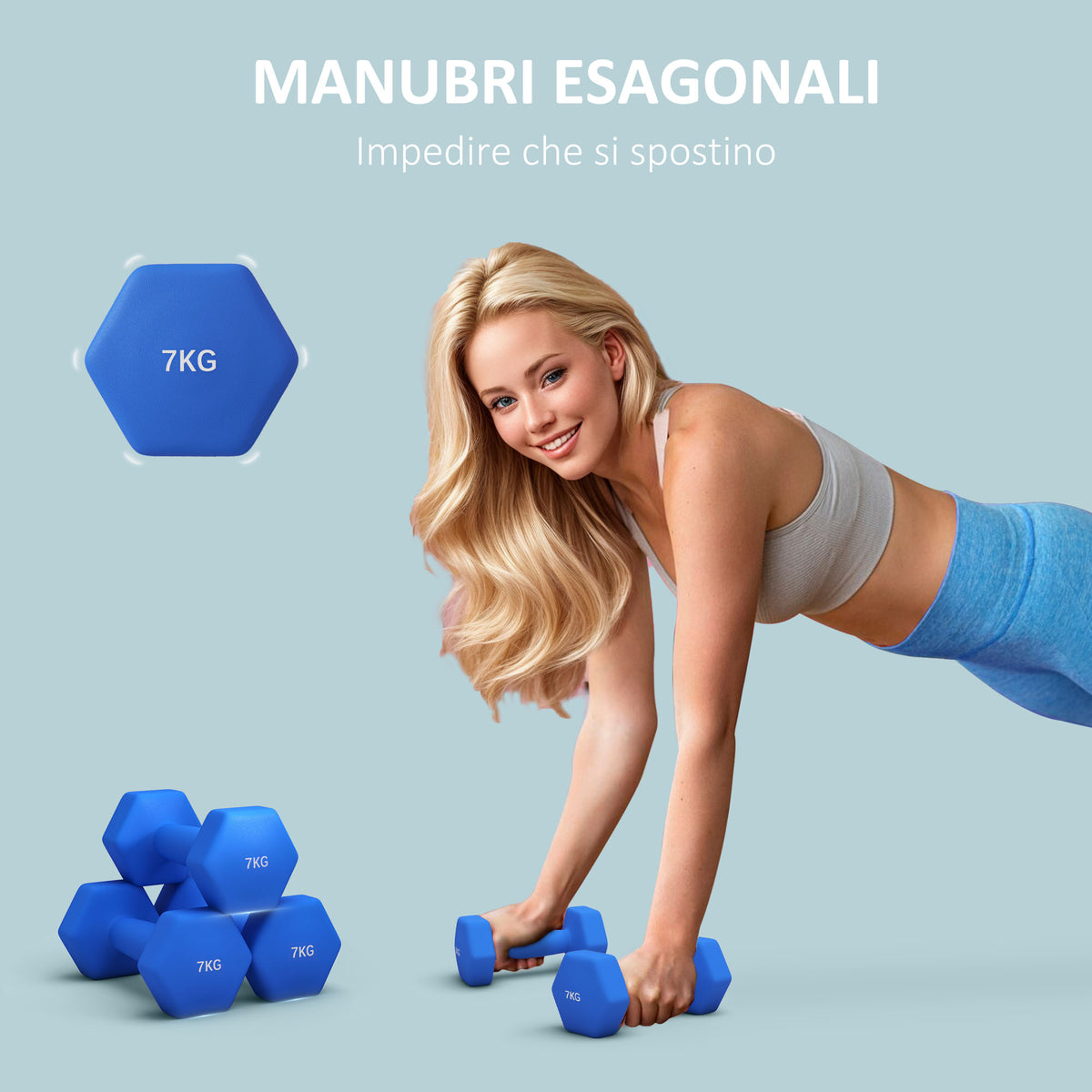 Set 2 Manubri Esagonali da 2x7kg in Metallo e Plastica con Impugnatura Antiscivolo, 22.5x10.5x10.5 cm, Blu