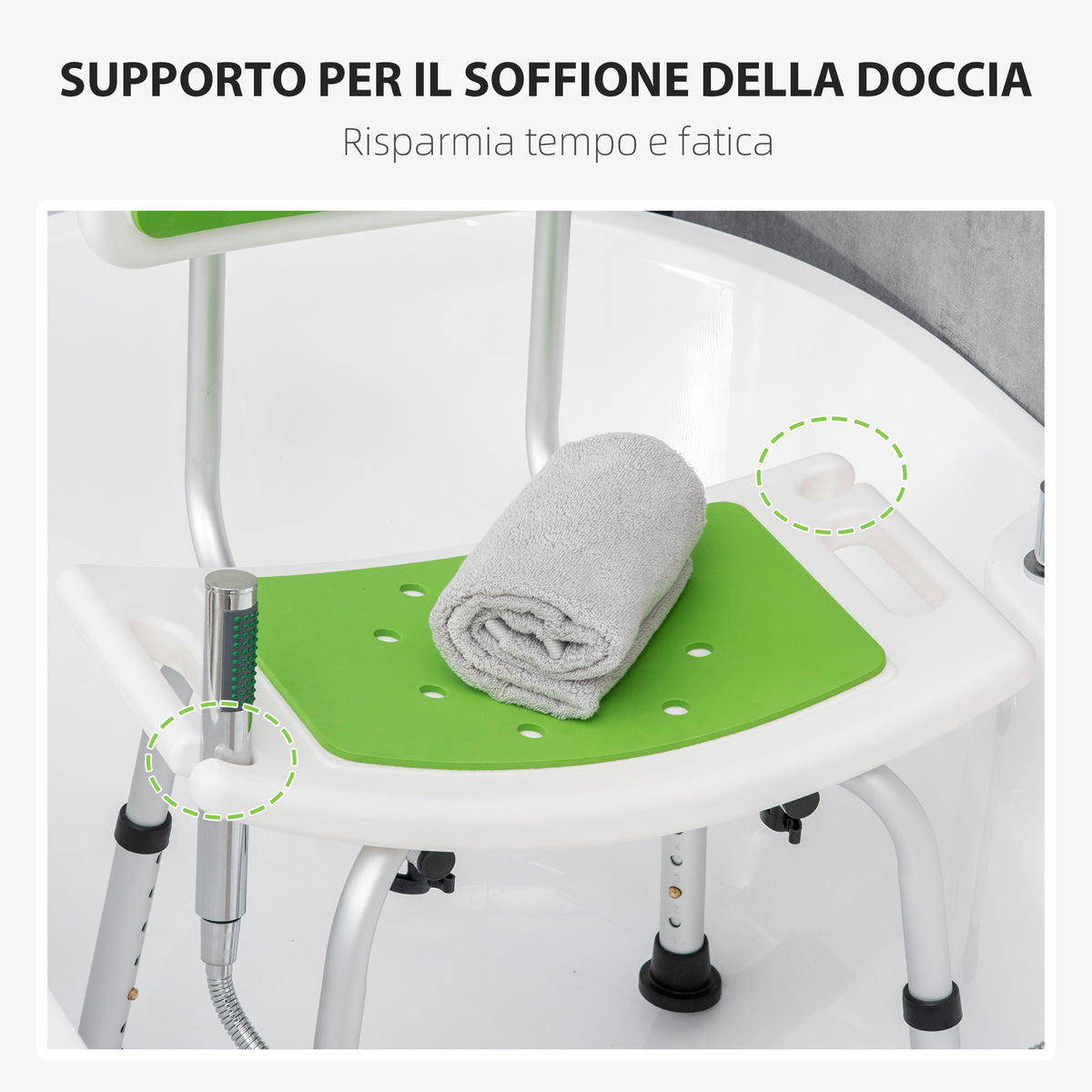 Sedia per Doccia in Alluminio ed EVA con Altezza Regolabile su 6 Livelli e Schienale Ricurvo, 51.5x49.5x68.5-81 cm