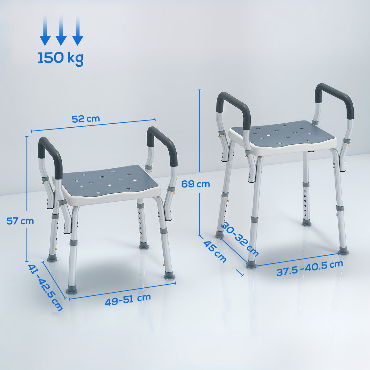 Sgabello per Doccia Regolabile con Braccioli e Fori di Drenaggio, in Alluminio, HDPE e EVA, 52x45x57-69 cm