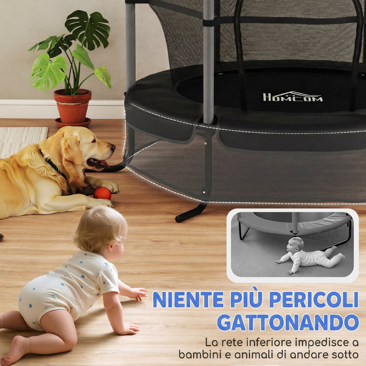 Trampolino Elastico per Bambini 1.6x1.9 m con Rete di Sicurezza e Pali Imbottiti, Età 3-10 Anni, Nero