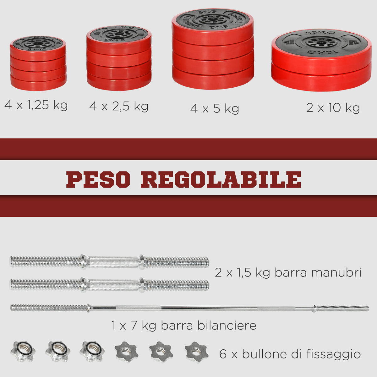 Set Bilanciere e Dischi 65kg totali per Workout in Casa, in Metallo, Sabbia di Ferro e Gomma, Rosso