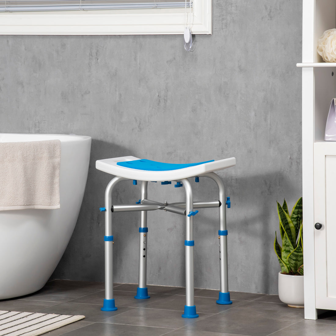 Sgabello per Doccia in Alluminio con Altezza Regolabile e Piedini Antiscivolo a Ventosa, Blu