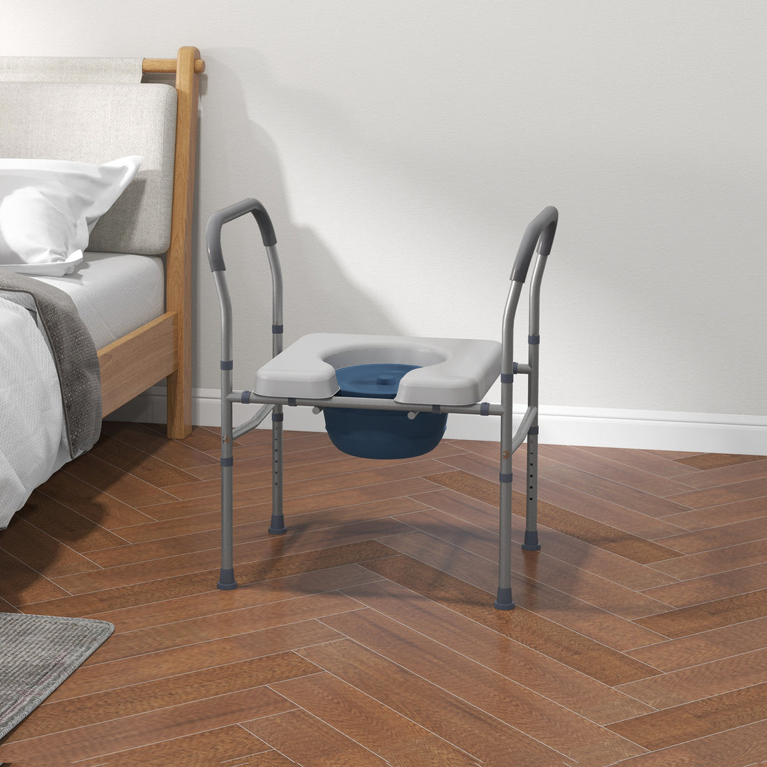 Sedia Comoda WC per Anziani e Disabili 4 in 1 Regolabile in Altezza con Braccioli Imbottiti, Grigio