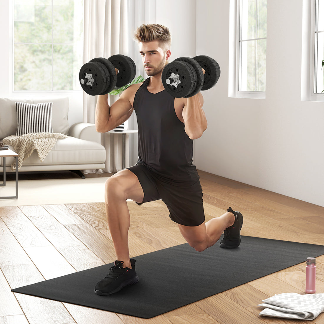 Set Manubri Palestra da 25 kg Totali con 12 Dischi Pesi e 2 Barre da 2 kg, Nero