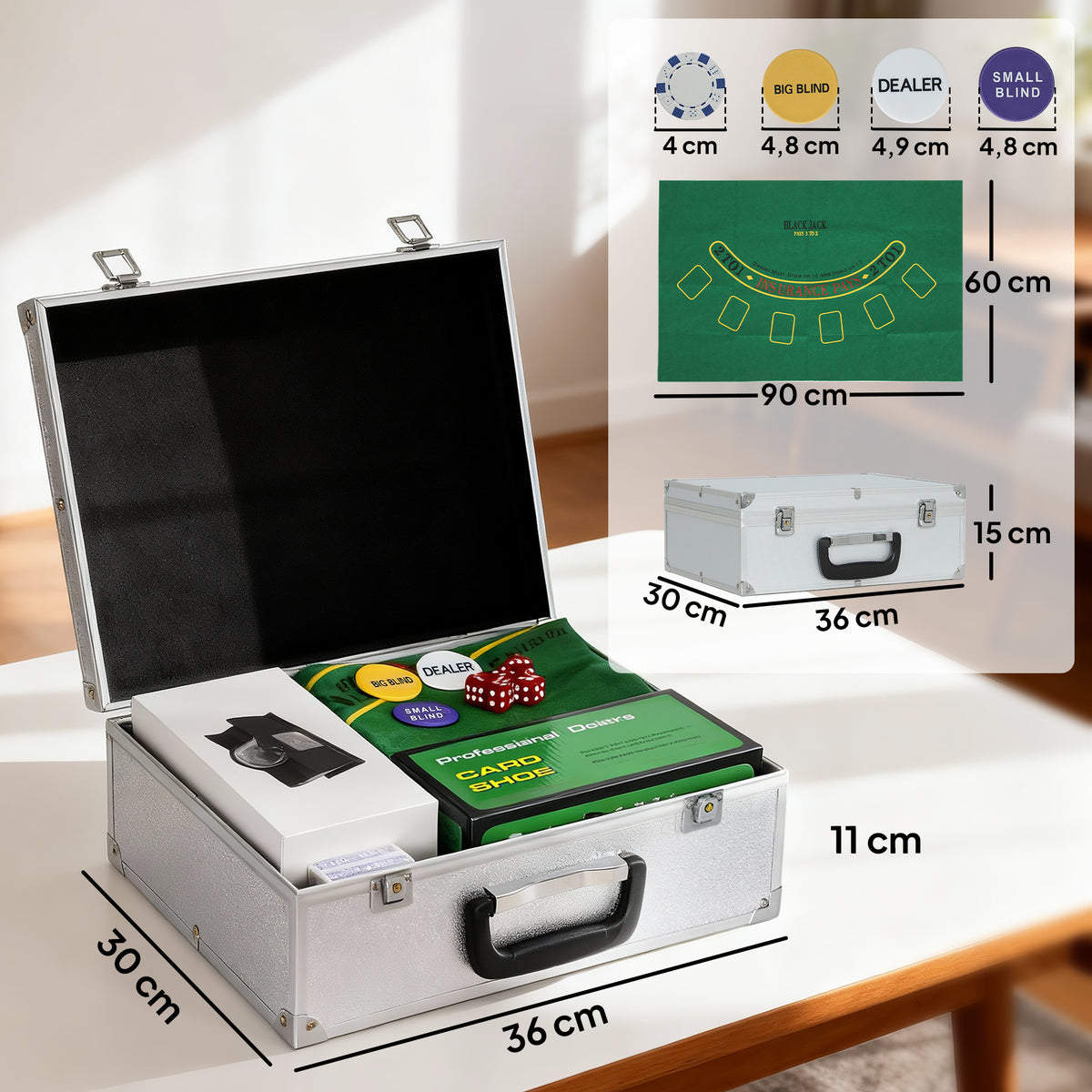 Set Poker con 300 Fiches, Mescolatore e Distributore Carte, Tappetino, 5 Dadi, Pulsante Dealer e Valigetta