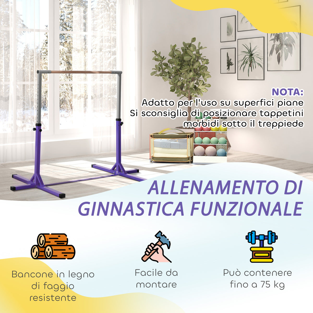 Barra da Ginnastica per Bambini 3+ Anni con Altezza Regolabile, in Acciaio e Legno Massello di Faggio, Viola