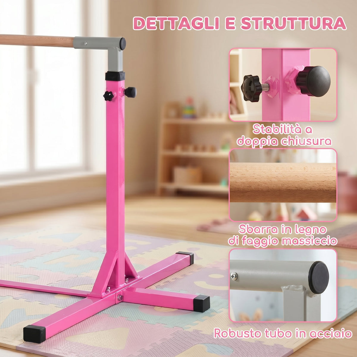 Barra da Ginnastica Artistica per Bambini 3+ Anni con Altezza Regolabile 92-150 cm, in Acciaio e Legno Massello di Faggio, Sbarra Orizzontali Danza Attrezzatura Palestra Antiscivolo, Rosa