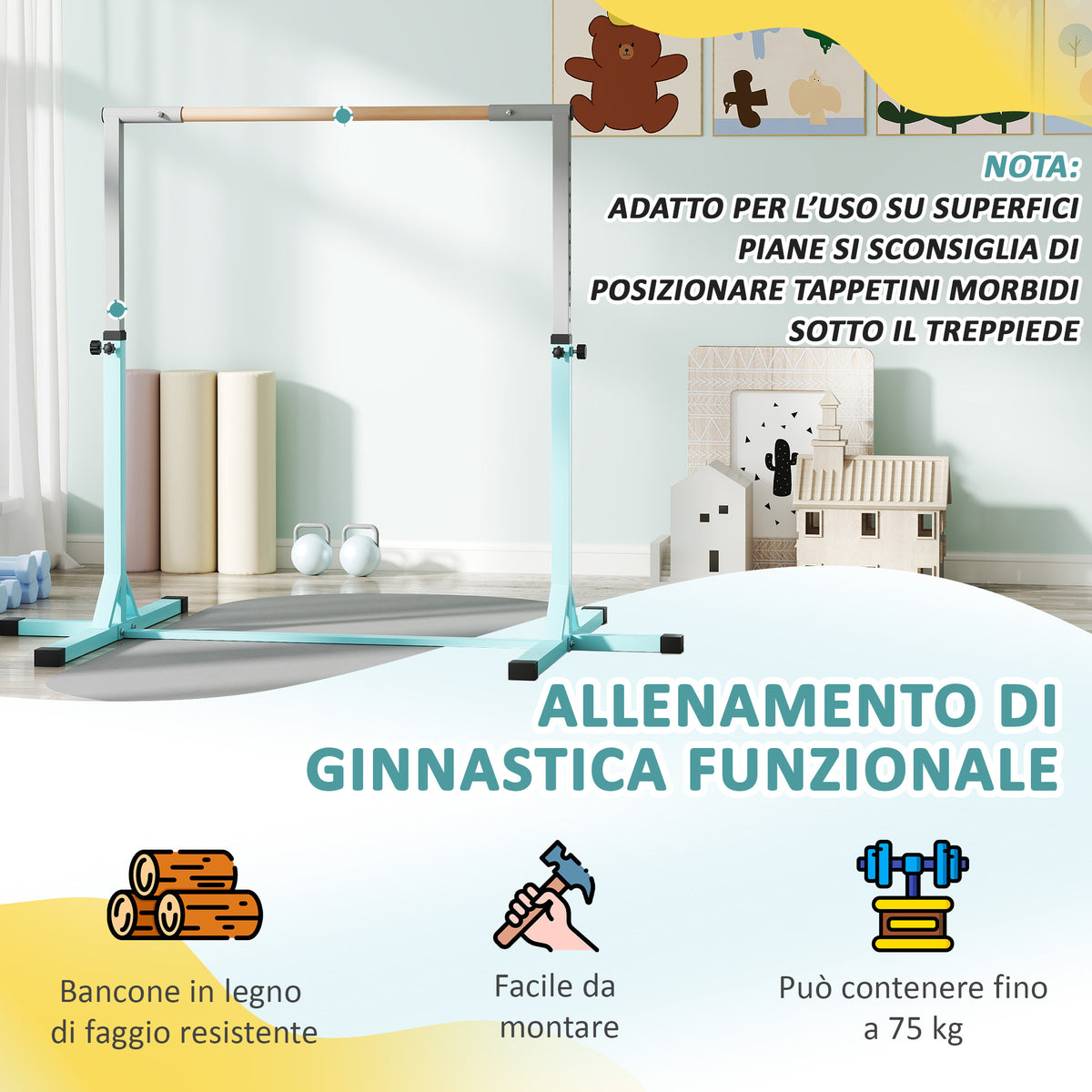 Barra da Ginnastica per Bambini 3+ Anni con Altezza Regolabile, in Acciaio e Legno Massello di Faggio, Celeste