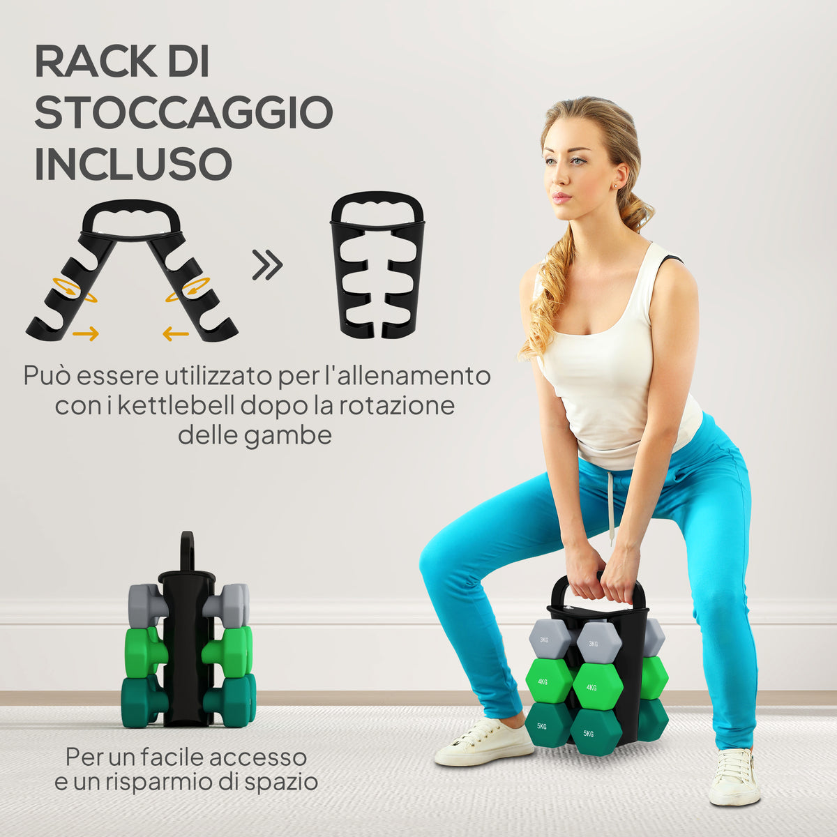 Set Manubri con Supporto, 3 Coppie di Pesi da 2 x 3 kg, 2 x 4 kg, 2 x 5 kg, Multicolore